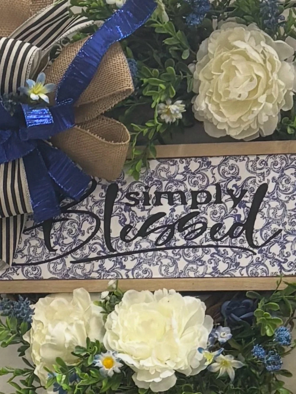 Hand Crafted Simply Blessed Wreath Blue/Cream Faux Florals Final Sa